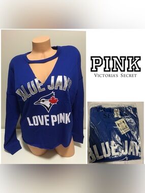 🆕VICTORIA’S SECRET PINK - XS - NWT -TORONTO BLUE JAYS BASEBALL MLB VARSITY TOP